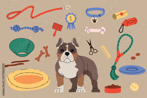 Illustration of a bulldog surrounded by pet supplies such as toys, treats, collar, leash, grooming tools, and a dog bed. Concept for dog care, training, and pet essentials for strong breeds. Vector