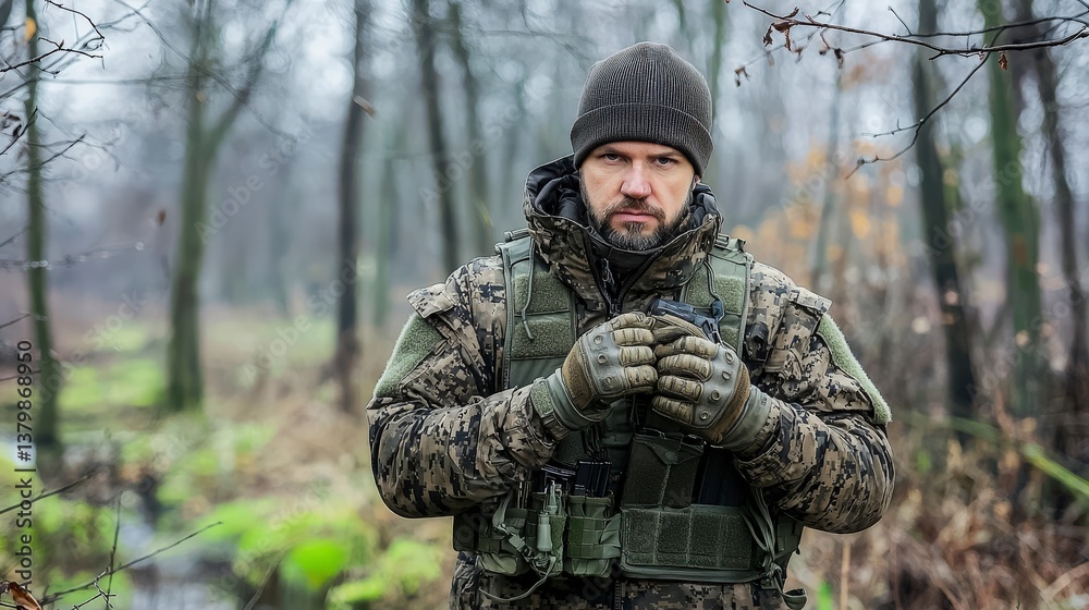 Fototapeta premium Soldier engaged in tactical operations forest portrait foggy environment close-up view resilience in adversity