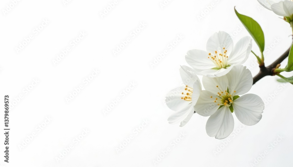 Delicate white blossoms against a stark white background, white, botanical Delicate white blossoms against a stark white background, white, botanical