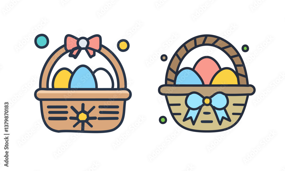 Fototapeta premium Cute Easter Basket Clipart – Colorful Eggs in Baskets with Bows