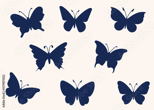 Set of dark butterfly silhouettes with varied wing shapes and antennae styles arranged in a clean layout. Each silhouette is unique, emphasizing form and symmetry. Flat vector style. Light beige