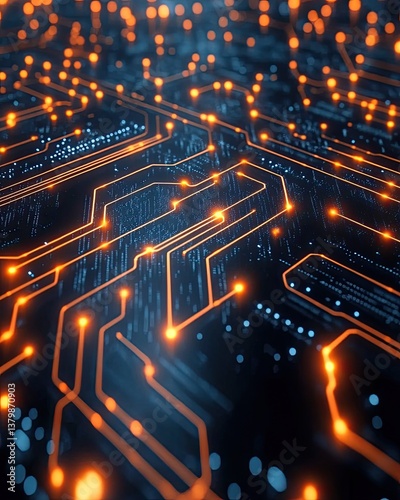 Glowing orange nanotechnology circuit gridlines on matte black surface with volumetric fog depth, industrial design concept for futuristic tech branding and 3D rendering.