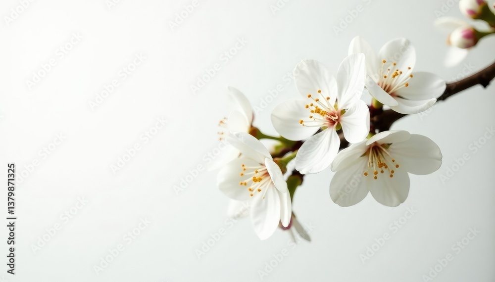 Obraz premium Delicate white blossoms on a branch against pure white , subtle, light, design