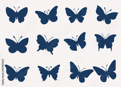 Set of dark butterfly silhouettes with distinct wing shapes and body details. Each figure is unique in form, arranged in a neat grid layout. Minimalist vector style. Light beige background for clean