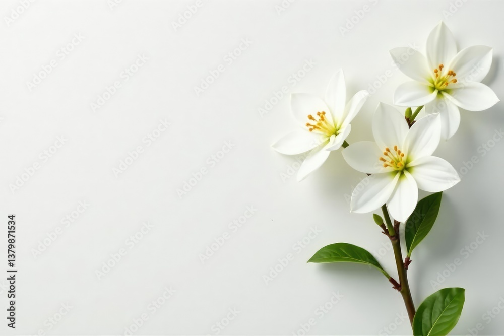Fototapeta premium Delicate white flower blossoms on pure white backdrop, elegant, background, invitation