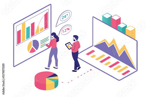 21 Isometric data visualization elements, colorful infographic charts, 3D pie charts, bar graphs, statistical diagrams, vibrant color palette, clean modern design, geometric shapes, data analytics, bu