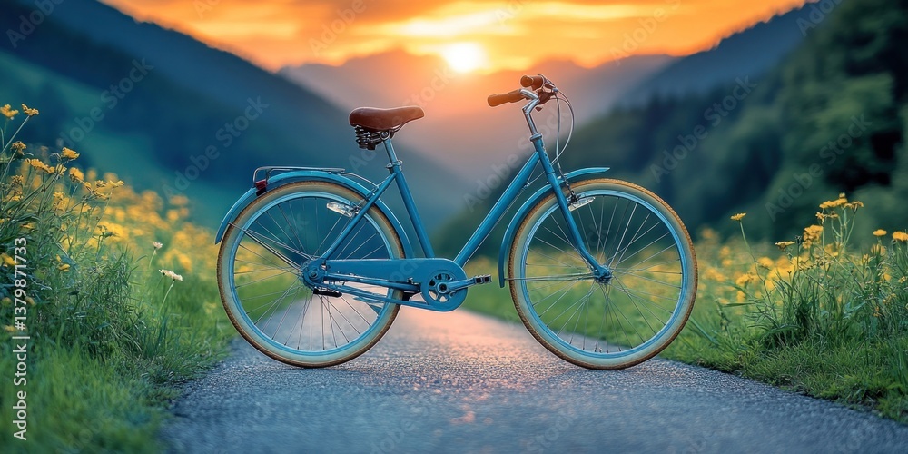 Obraz premium Vintage bike at sunset in a meadow