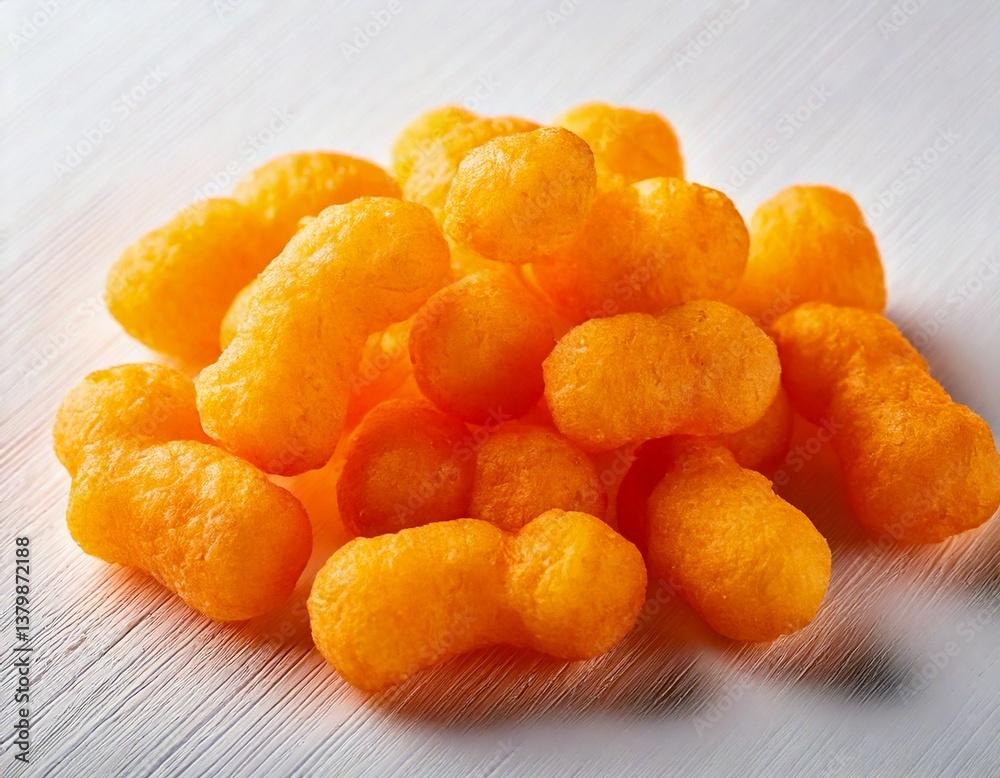 Bright Orange Cheese Puff Snacks, Arranged Irregularly on a White Table Bright Orange Cheese Puff Snacks, Arranged Irregularly on a White Table