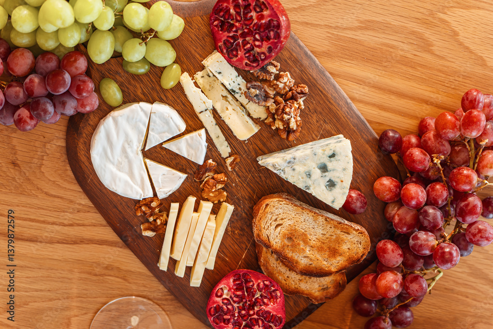 Top view of a rustic cheese platter with grapes, toast, pomegranate, and assorted cheese on a wooden board. Perfect setup for a wine and cheese evening.