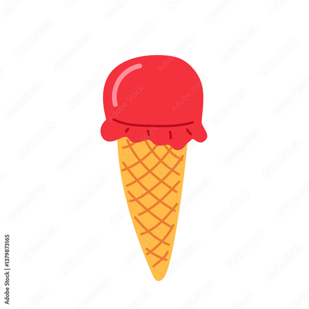 Bright red ice cream cone with a crispy waffle cone and smooth texture in a minimal style