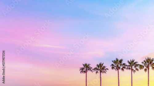 serene sunset with vibrant colors illuminating sky, featuring silhouetted palm trees against pastel backdrop