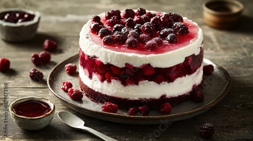 Wallpaper Mural Asymmetrical Layout of Cake with Transparent Jelly and Soft Cream on Rustic Ceramic Plate, Off-Center Placement with Scattered Fresh Berries and Spoon in Inviting Scene Torontodigital.ca
