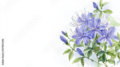 Fototapeta Naklejka Na Ścianę i Meble -  Beautiful watercolor illustration of delicate blue flowers with green leaves, evoking sense of tranquility and nature elegance