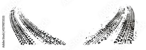 Traces of car, motorcycle tread. Curved realistic traces of tires of wheels from different types of tread vector png. Car wheels on disks.	
