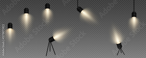 Spotlight, vector light set png, walls, studio light, different colors and shades of realistic light for design, advertising, banner, poster. Light rays and light effect	
