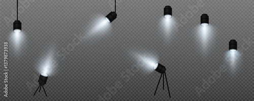 Spotlight, vector light set png, walls, studio light, different colors and shades of realistic light for design, advertising, banner, poster. Light rays and light effect.