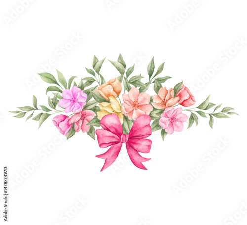 Watercolor flowers bouquet with bow