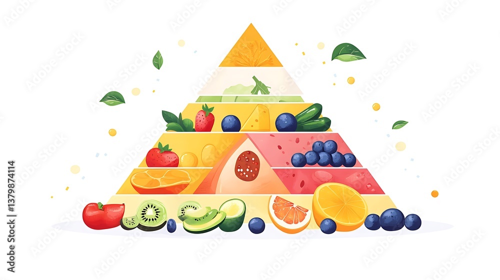 Obraz premium Abstract geometric food pyramid, flat design layout, layered triangular sections in bold pastel colors, icon-based representation of food groups, minimal text labels,