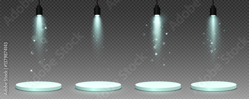 Podium, empty pedestal with light for awarding, prize giving, honor vector png. A stage display case for displaying cosmetics or other products. Product advertising stand.