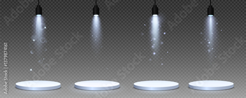 Podium, empty pedestal with light for awarding, prize giving, honor vector png. A stage display case for displaying cosmetics or other products. Product advertising stand.