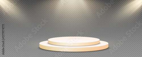 Podium, empty pedestal with light for awarding, prize giving, honor vector png. A stage display case for displaying cosmetics or other products. Product advertising stand.
