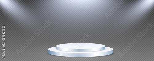Podium, empty pedestal with light for awarding, prize giving, honor vector png. A stage display case for displaying cosmetics or other products. Product advertising stand.