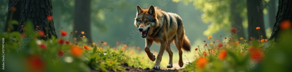 Fototapeta premium A wild wolf's face is contorted in a fierce howl as it runs through the forest, wildlife, running