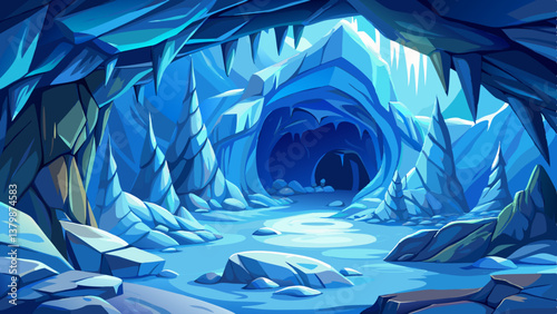 frozen cave with ice covered rocks inside, winter landscape