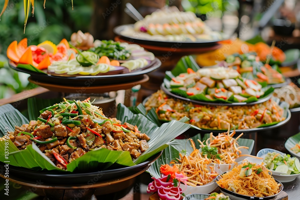 Fototapeta premium Delicious Asian Cuisine: Savory Dishes, Vibrant Vegetables, and Aromatic Noodles, Served Beautifully on Banana Leaves, A Culinary Delight for Food Lovers.