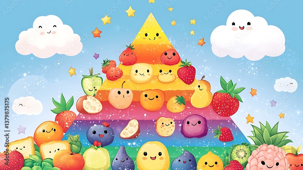 Child-friendly food pyramid poster, hand-drawn cartoon foods with smiling faces and arms, rainbow color scheme, large text labels, fun stars and clouds in the background, vibrant and energetic. Child-friendly food pyramid poster, hand-drawn cartoon foods with smiling faces and arms, rainbow color scheme, large text labels, fun stars and clouds in the background, vibrant and energetic.