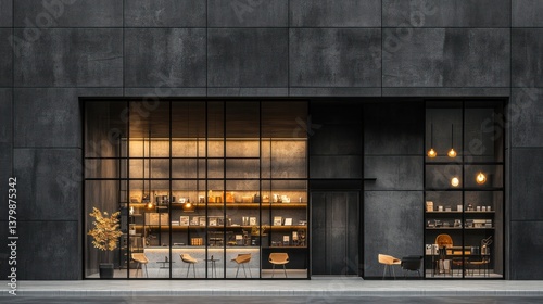 Modern cafe exterior, dark facade