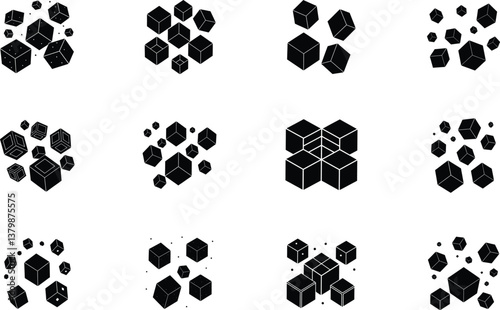 Abstract Black Cube Clusters Geometric Shapes, Design Elements, Pattern Variations