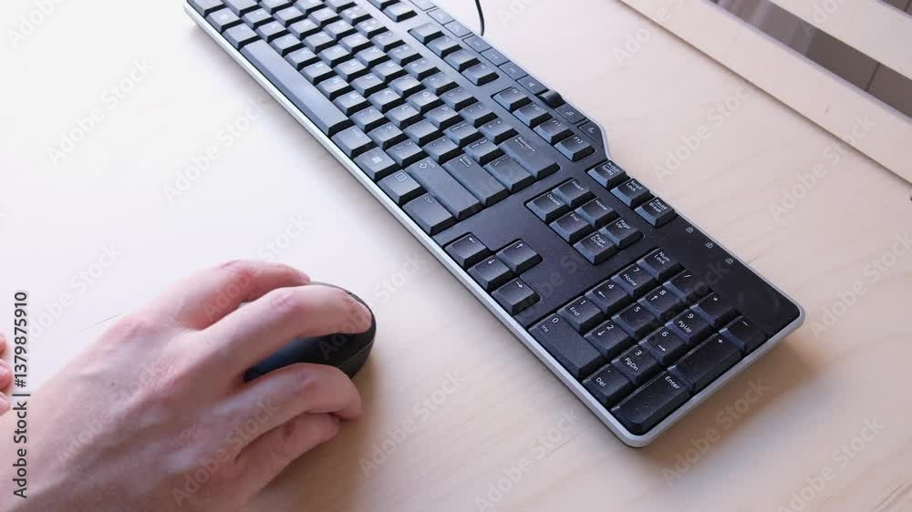 Closeup hands operate computer mouse and keyboard on bright desktop