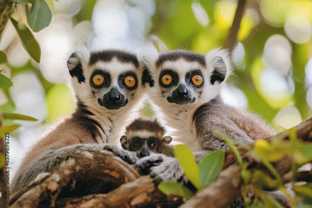 Fototapeta premium Two adult ring-tailed lemurs huddled protectively around a baby lemur, showcasing their distinctive facial features and fur