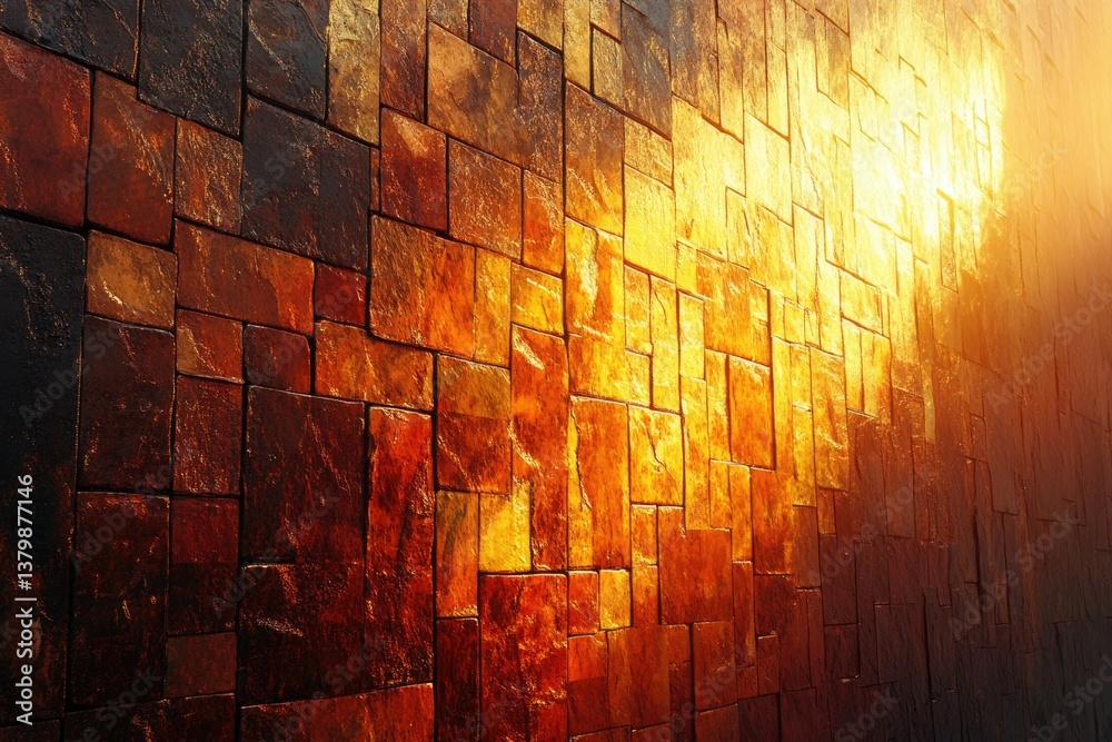 Fototapeta premium Textured brick wall with shades of brown and orange, illuminated by a soft, warm light.