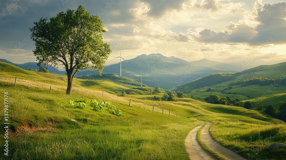 Fototapeta premium Exploring the Intersection of Environmental Sustainability and Green Technology through Innovative Tree Planting on a Hill