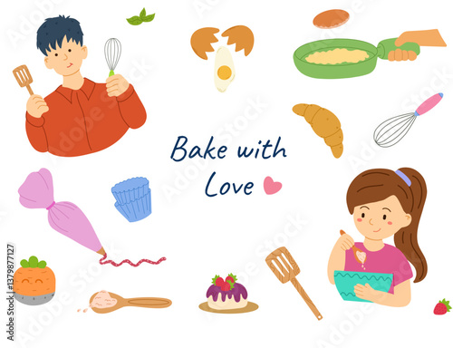 Set of colorful baking elements including kitchen tools, ingredients, and desserts. Features piping bag, whisk, eggs, strawberries, croissant, bowl, and utensils. Cartoon style with soft outlines and