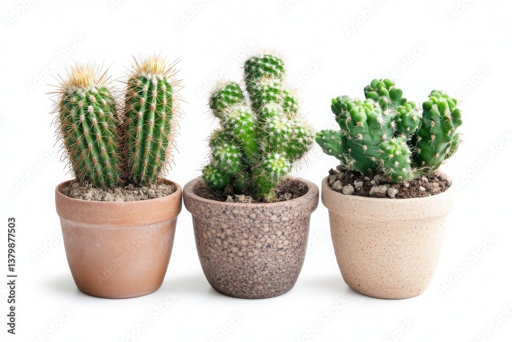 Fototapeta premium Three cacti in decorative pots on white background