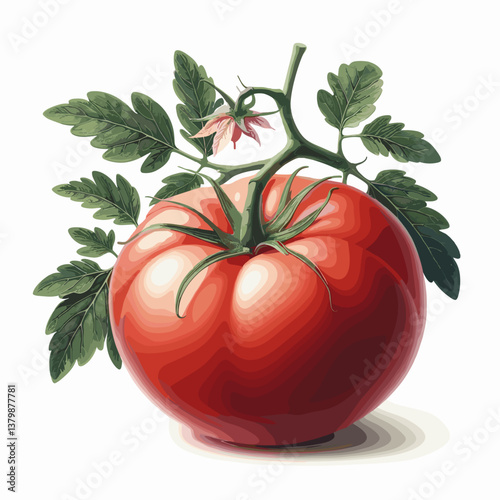 Fresh red tomato with green leaves and flower on white background for food concept