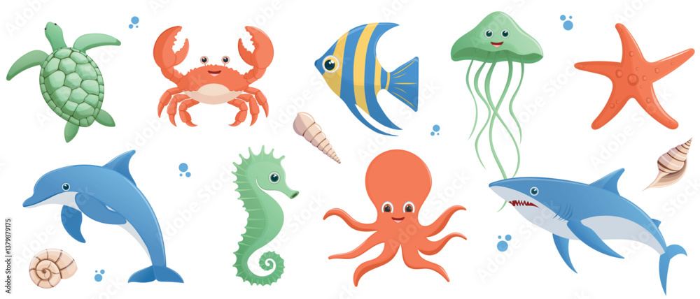 Obraz premium Set with hand drawn sea life elements. Sea animals dolphin, crab, sea turtle, octopus, jellyfish, starfish. Vector cartoon set of marine life objects for your design.