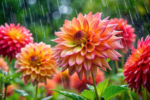 A dahlia with feathery, ticklish petals that move when hit by raindrops