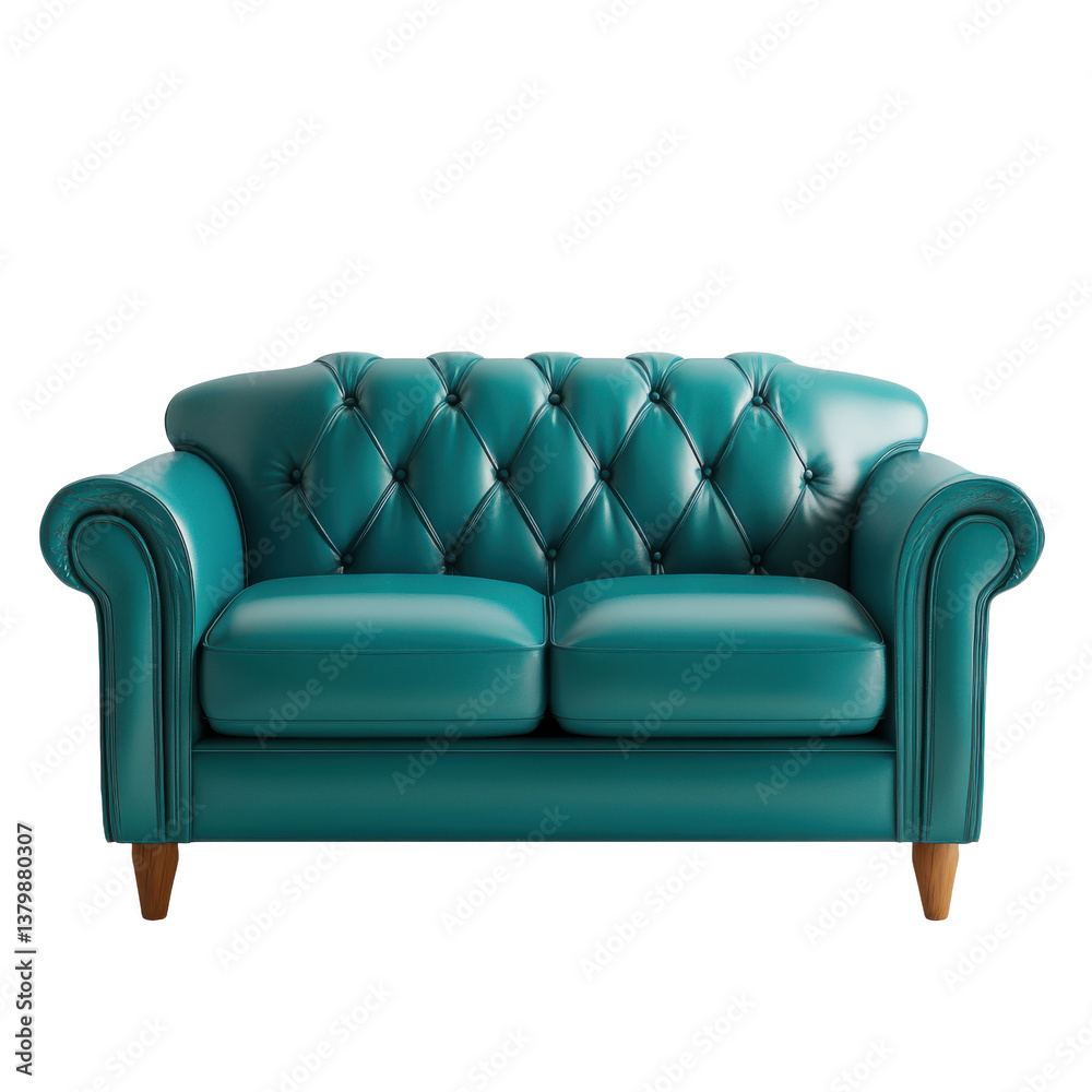 Fototapeta premium Bright teal leather loveseat on transparent background
