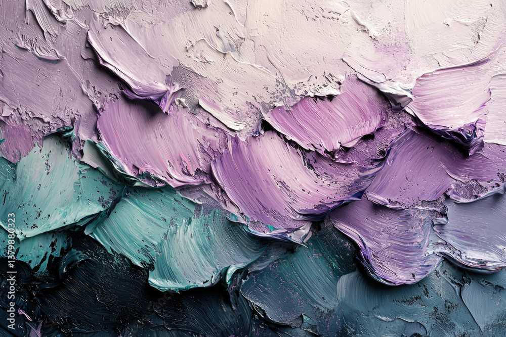 Obraz premium Abstract impasto painting with purple, teal, and dark grey hues, thick brushstrokes creating texture.