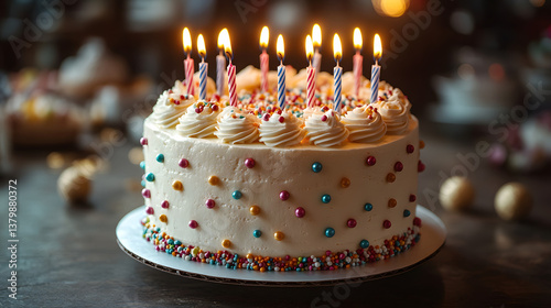 A colorful birthday cake with candles on top, surrounded by vibrant confetti, creating a joyful and festive atmosphere perfect for any birthday celebration.

