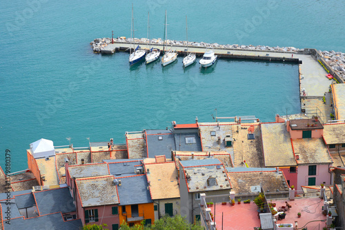 Fototapeta Naklejka Na Ścianę i Meble -  Yachts, boats in bay of Porto Venere, Liguria. Sea and tourism in Italy. Traditional buildings. Background for design. 