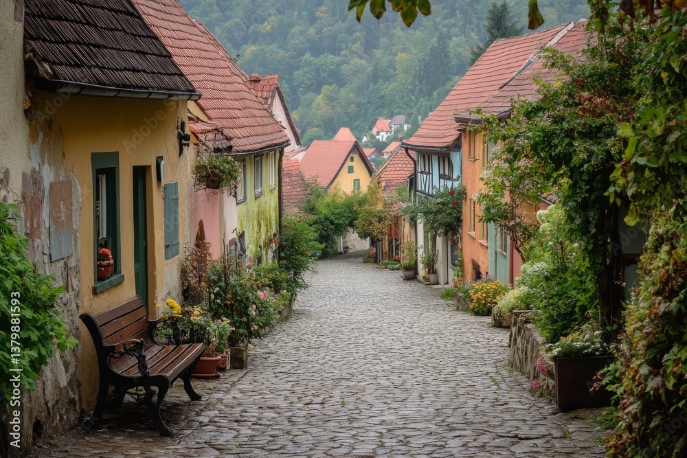 Fototapeta premium Cobblestone alleyway with charming village houses and greenery