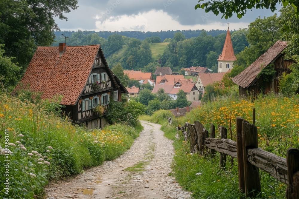 Country path with fence and houses surrounded by green hills Country path with fence and houses surrounded by green hills