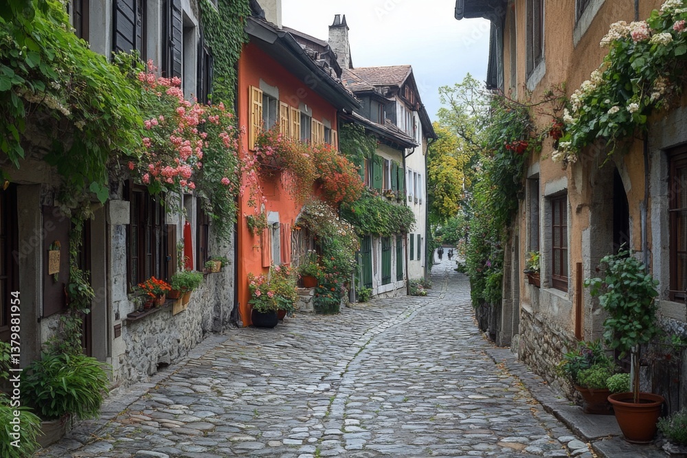Fototapeta premium Stone street in a traditional village with colorful buildings and greenery