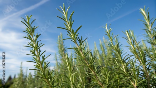 A fresh rosemary plant growing outdoors against a bright blue sky, Perfect for themes related to culinary herbs, organic gardening, medicinal plants, and natural remedies.