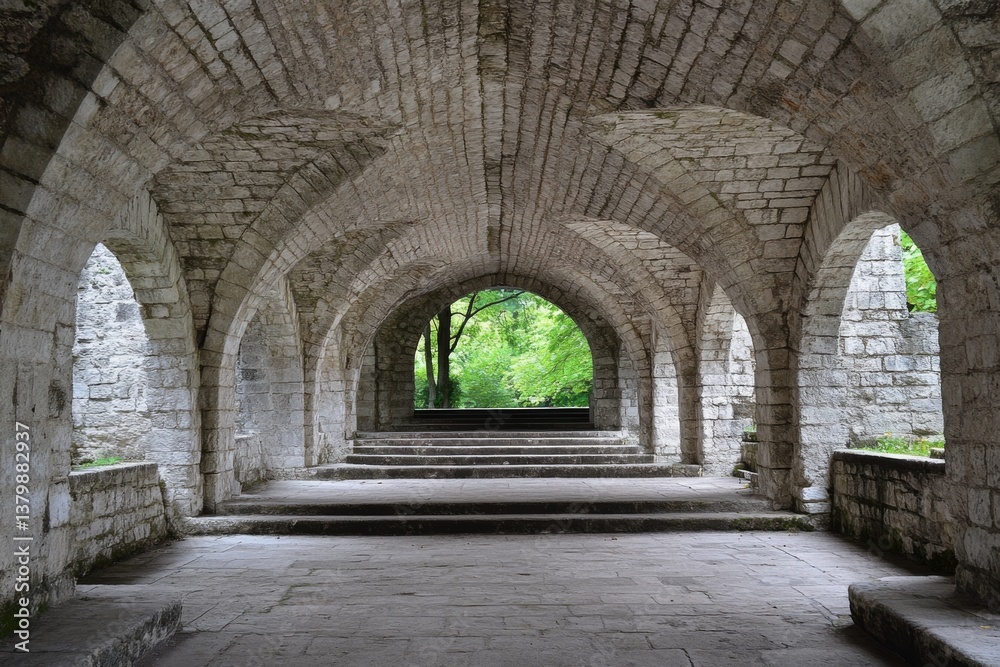 Fototapeta premium Interior of old stone cathedral with arches and light streaming through windows